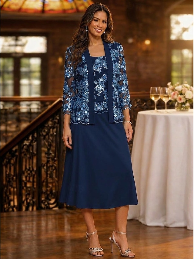 two piece a-line mother of the bride dresses tea length chiffon satin lace with sequin long sleeve, supplier image 1