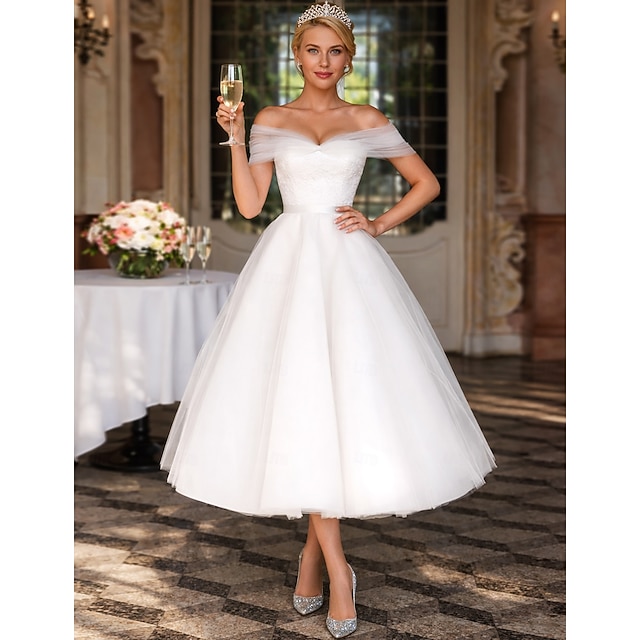 tea-length little white dress wedding dress off-the-shoulder short sleeves lace tulle, supplier image 1