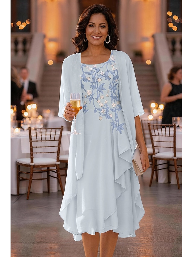 two piece a-line knee length asymmetrical mother of the bride dresses half sleeve scoop neck elegant simple casual chiffon with floral print, supplier image 12