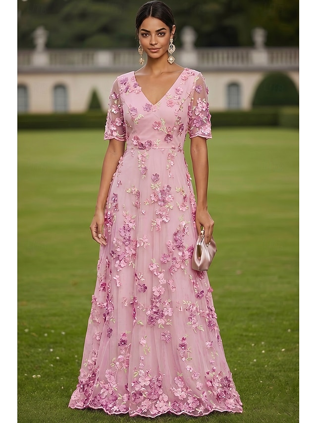 a-line floor length mother of the bride dresses cocktail dresses party dresses short sleeve plunging neck elegant vintage luxurious chiffon tulle, supplier image 1