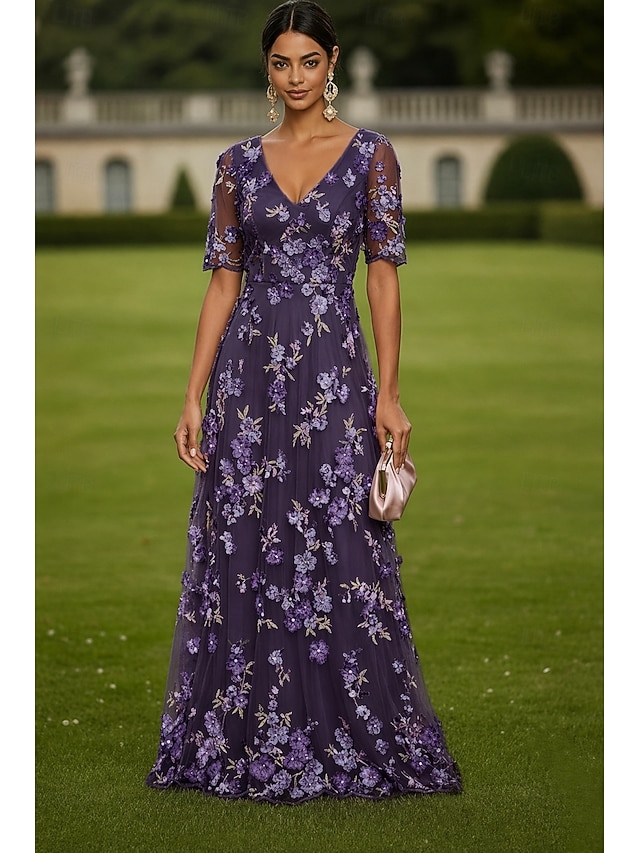 a-line floor length mother of the bride dresses cocktail dresses party dresses short sleeve plunging neck elegant vintage luxurious chiffon tulle, supplier image 12