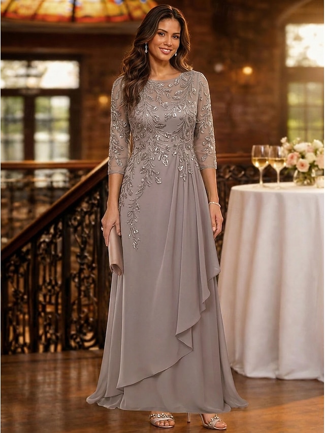 a-line mother of the bride dresses floor length chiffon tulle with sequin 3/4 length sleeve elegant, supplier image 2