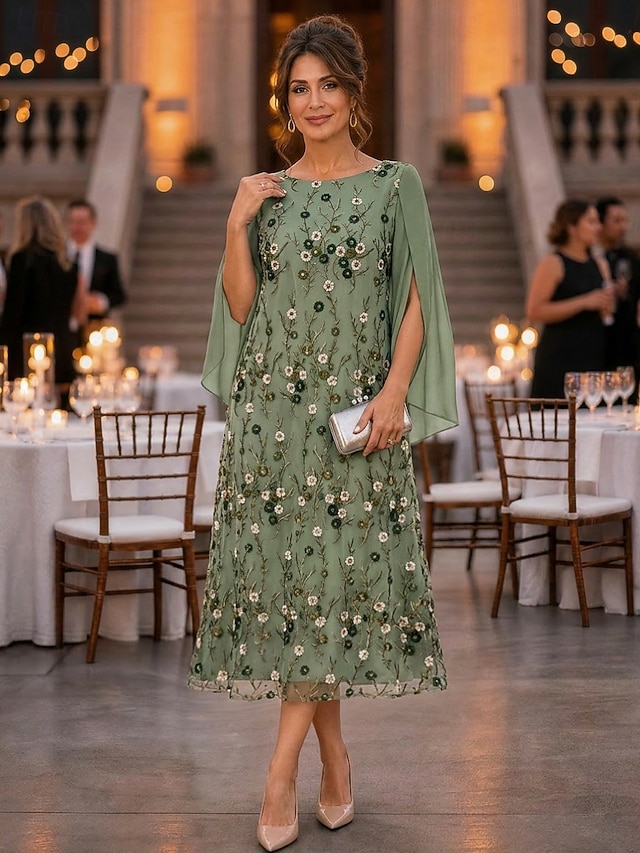 a-line tea length mother of the bride dresses 3/4 length sleeve scoop neck elegant vintage chiffon lace with ruffles, supplier image 1