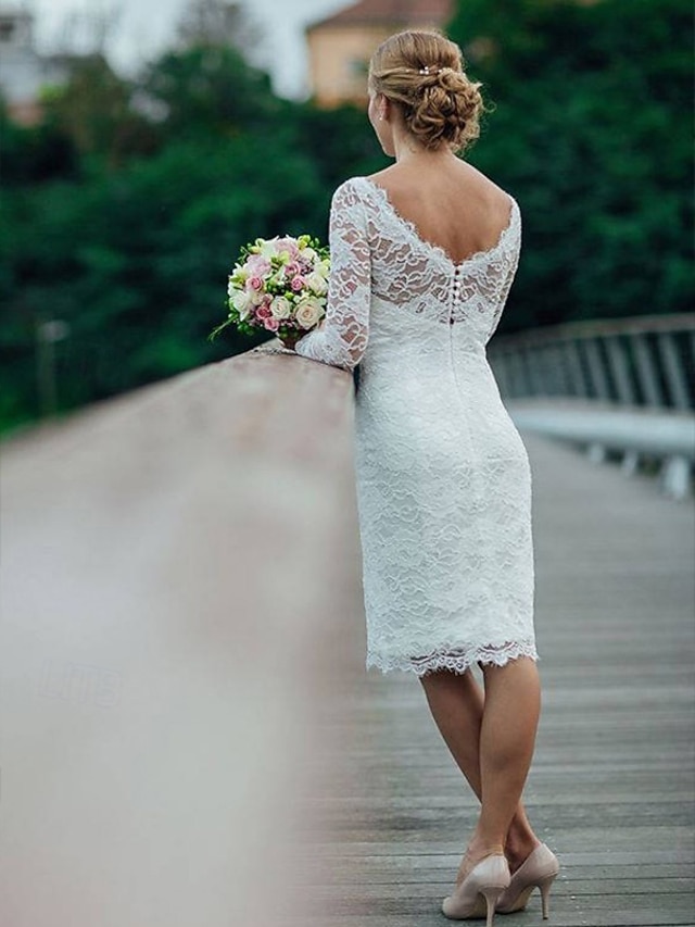 sheath column little white dress wedding dress off-the-shoulder long sleeves satin, supplier image 2