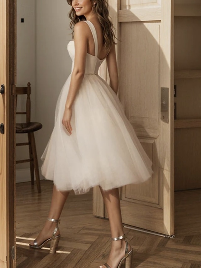 a-line knee-length little white dress wedding dress sweetheart sleeveless satin tulle, supplier image 2