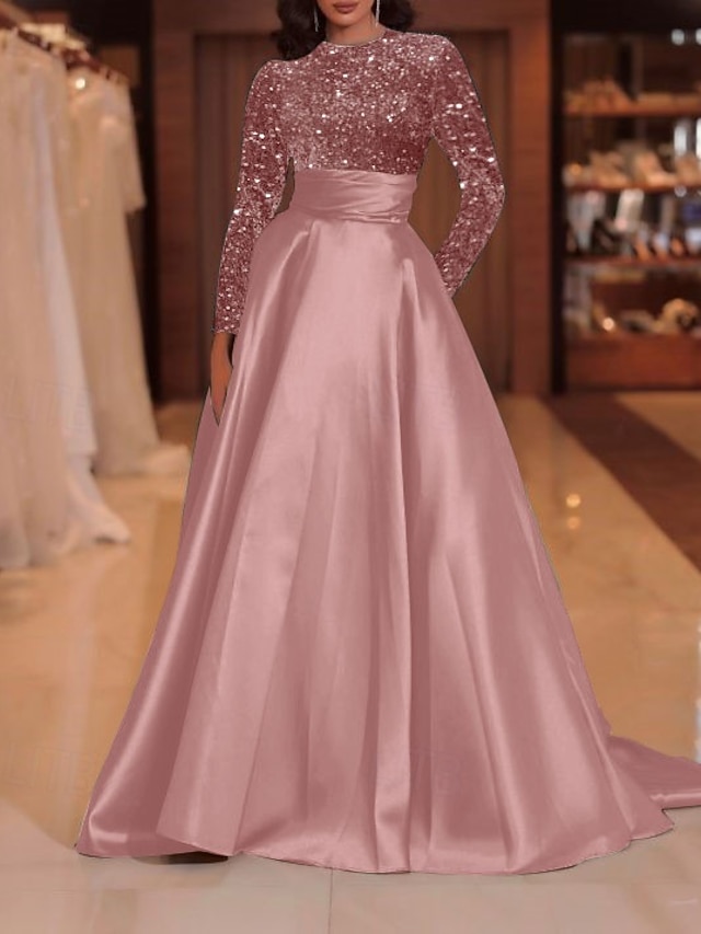 a-line floor-length wedding guest dress evening gown high neck long sleeves satin elegant, supplier image 26