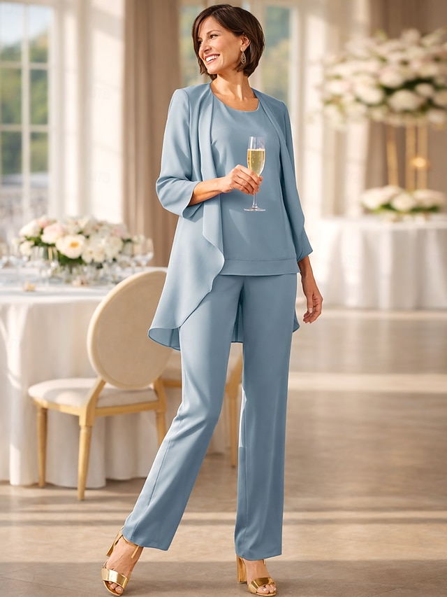 3 Piece Jumpsuit Pantsuit Ankle-Length Mother of the Bride Dress Wedding Guest Dress Jewel Neck Sleeveless Chiffon Elegant