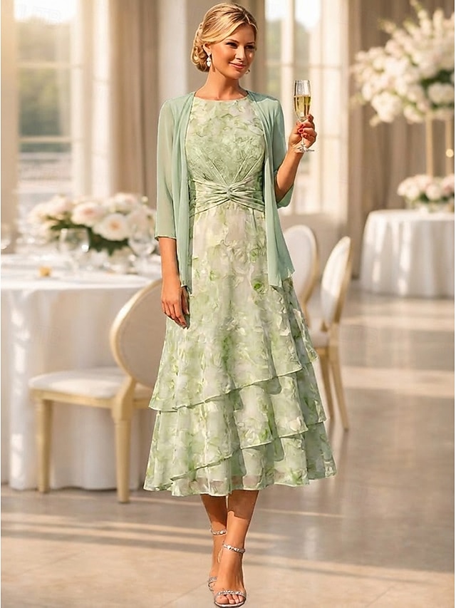 two piece a-line mother of the bride dresses wedding guest dresses tea length chiffon jacquard, supplier image 1