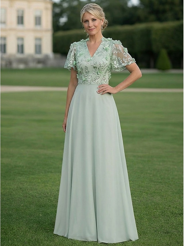 a-line mother of the bride dresses floor length chiffon lace with 3d flowers short sleeve v neck, supplier image 1