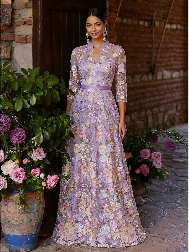a-line mother of the bride dresses floor length chiffon satin tulle with 3d flowers v neck elegant, supplier image 8
