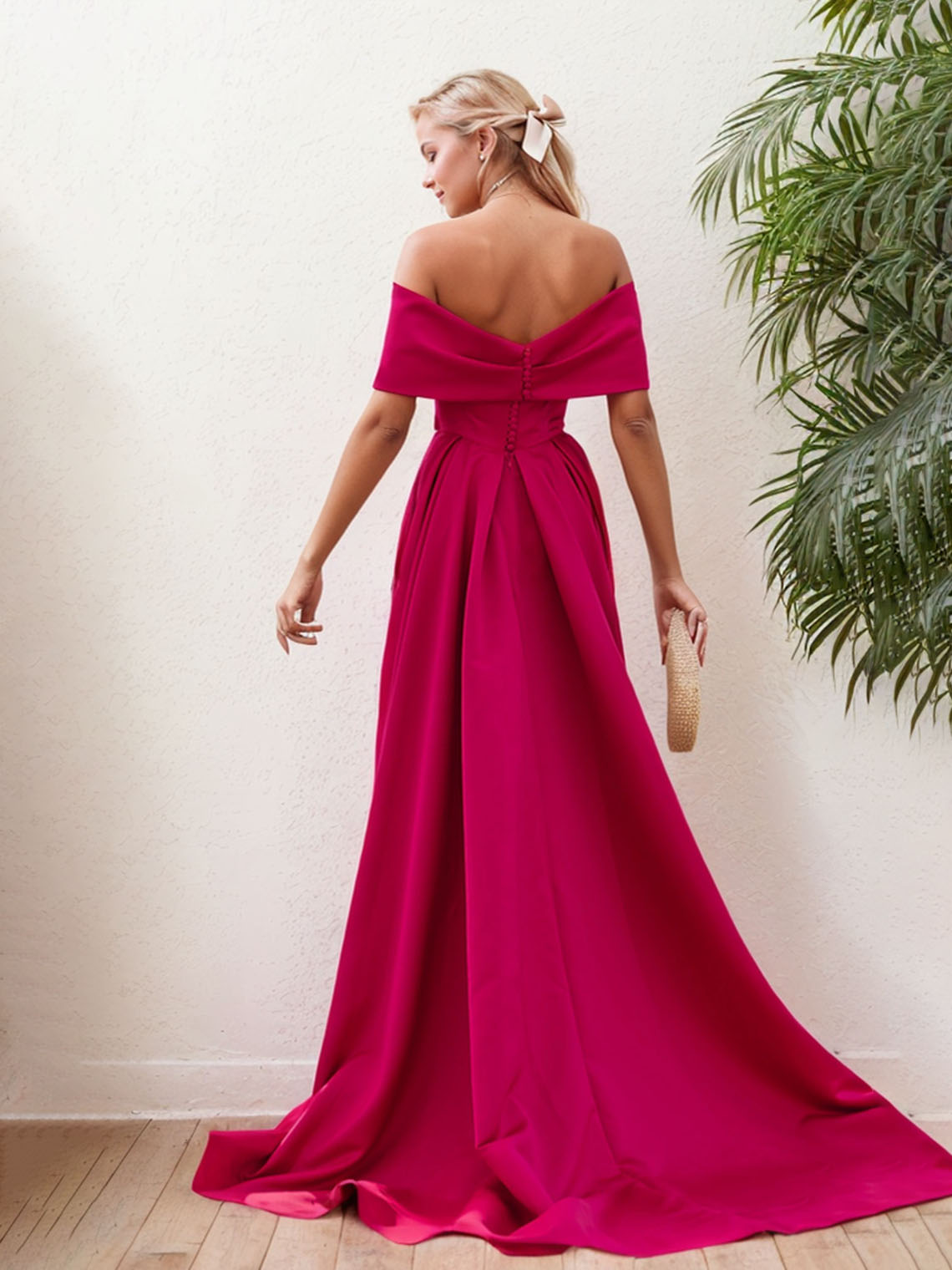 Fuchsia Satin A Line Off Shoulder Sleeveless with Slit Evening Dress