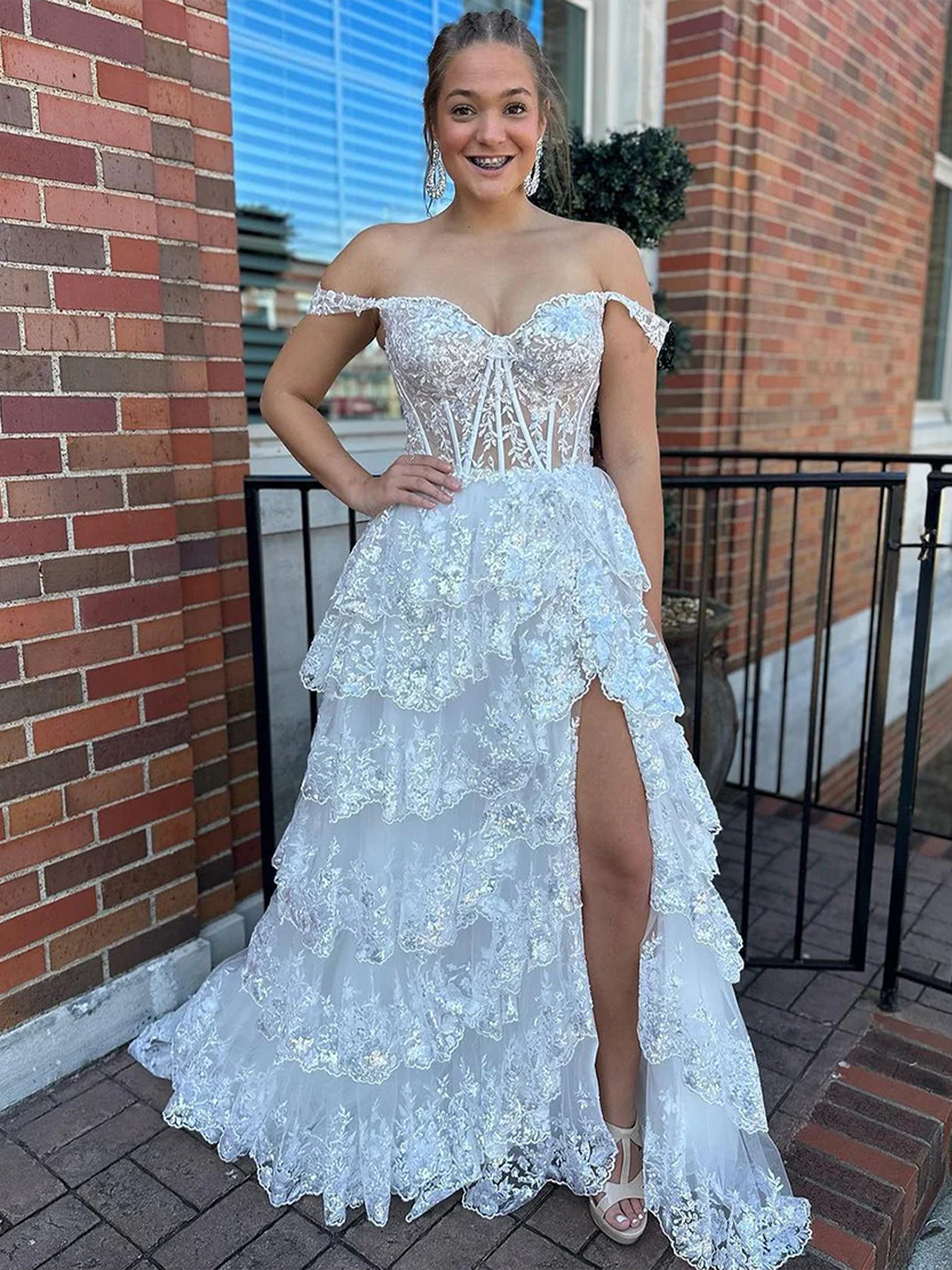 A Line Off the Shoulder with Appliques Long Prom Dress