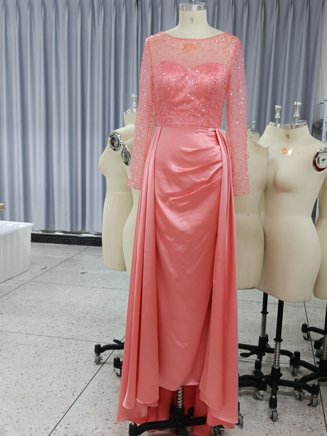 Mermaid Sequin Satin Long Sleeves with Pearls Long Evening Dress