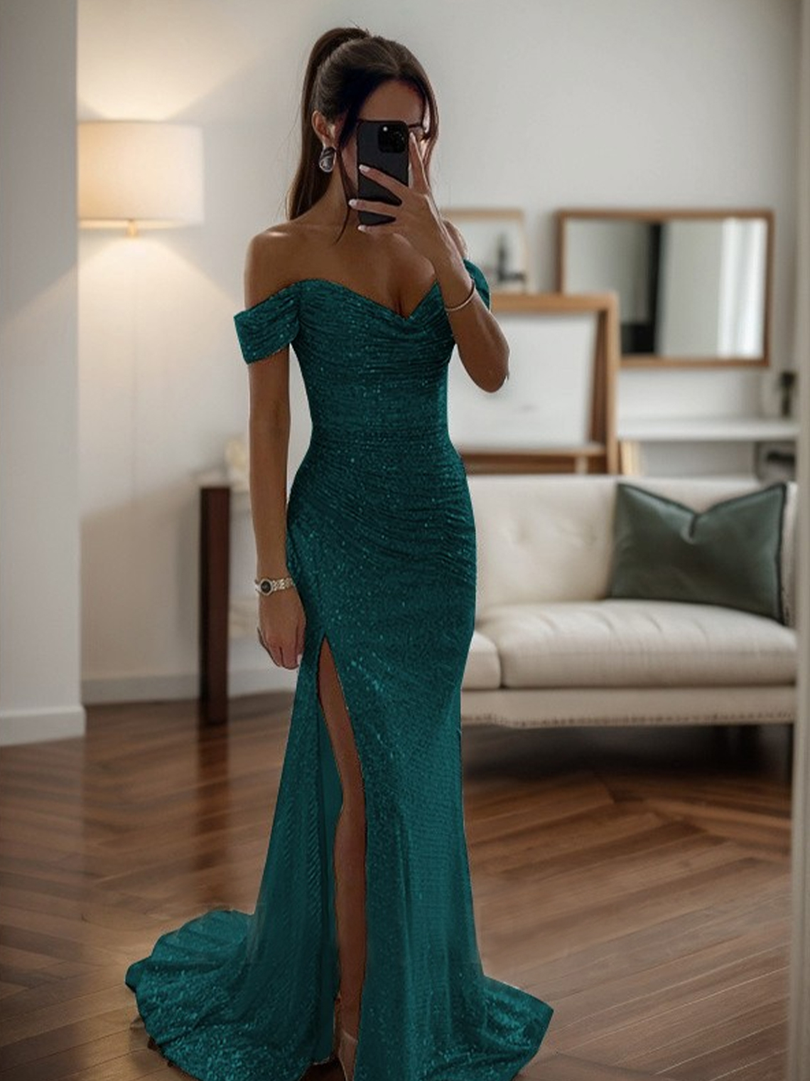 Mermaid Off-the-Shoulde Ruched Sleeveless Sweep Train Prom Dress