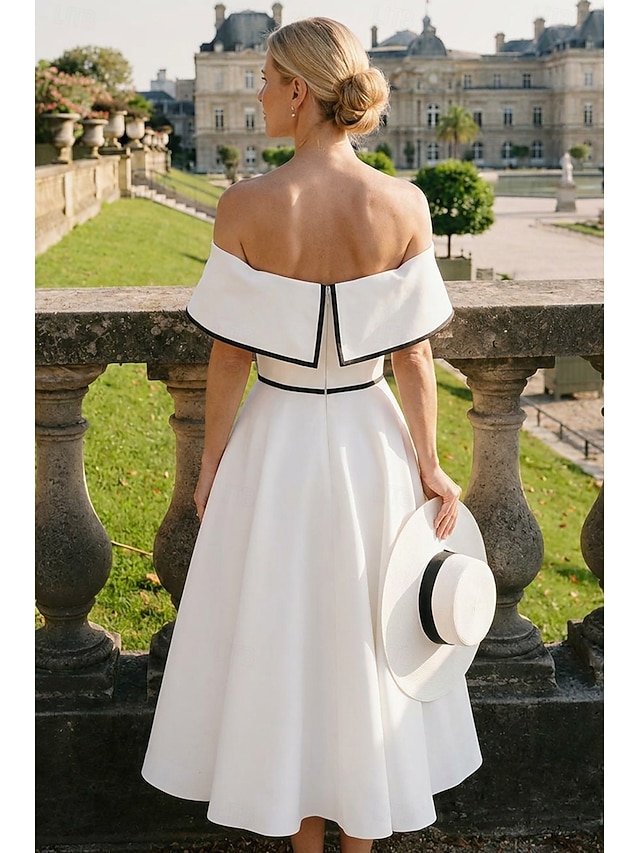 a-line tea-length little white dress wedding dress off-the-shoulder short sleeves stretch fabric, supplier image 2