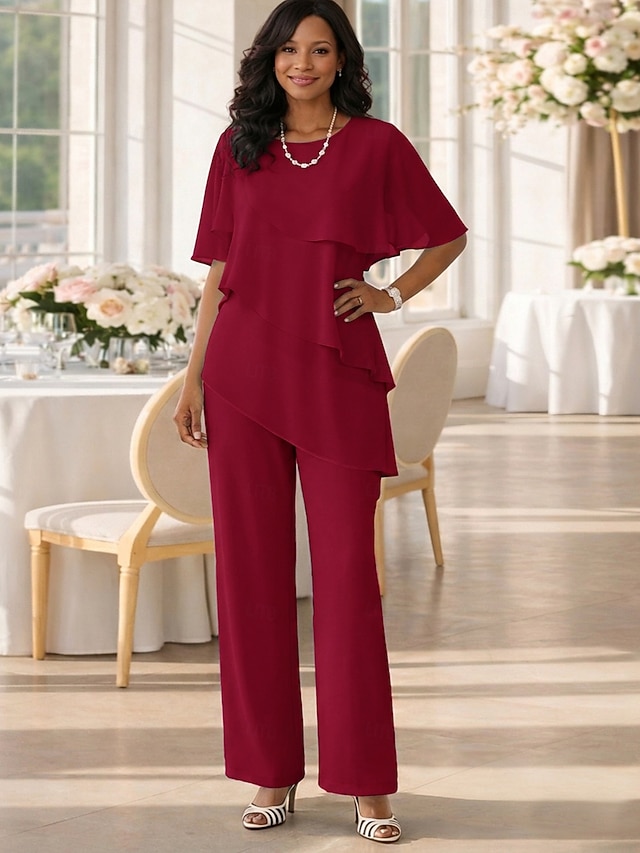 two piece jumpsuit pantsuit floor-length mother of the bride dress wedding guest dress jewel neck short sleeves chiffon elegant, supplier image 13