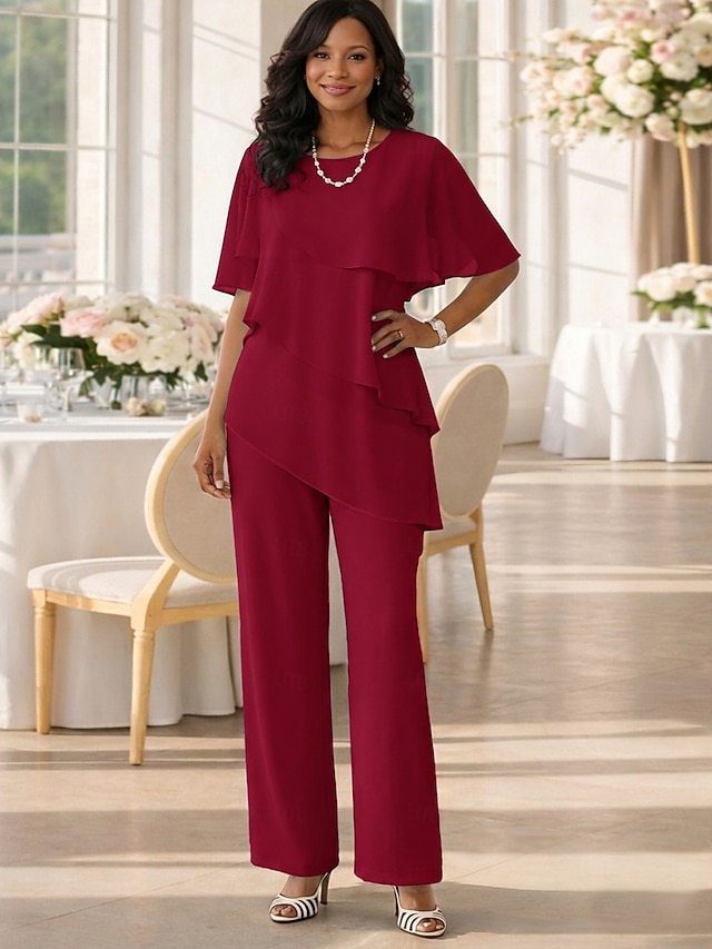 two piece jumpsuit pantsuit floor-length mother of the bride dress wedding guest dress jewel neck short sleeves chiffon elegant, supplier image 13
