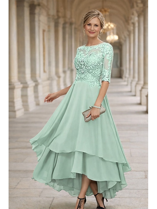 a-line asymmetrical mother of the bride dresses wedding guest dresses cocktail dresses party dresses half sleeve crew neck elegant simple lace, supplier image 14
