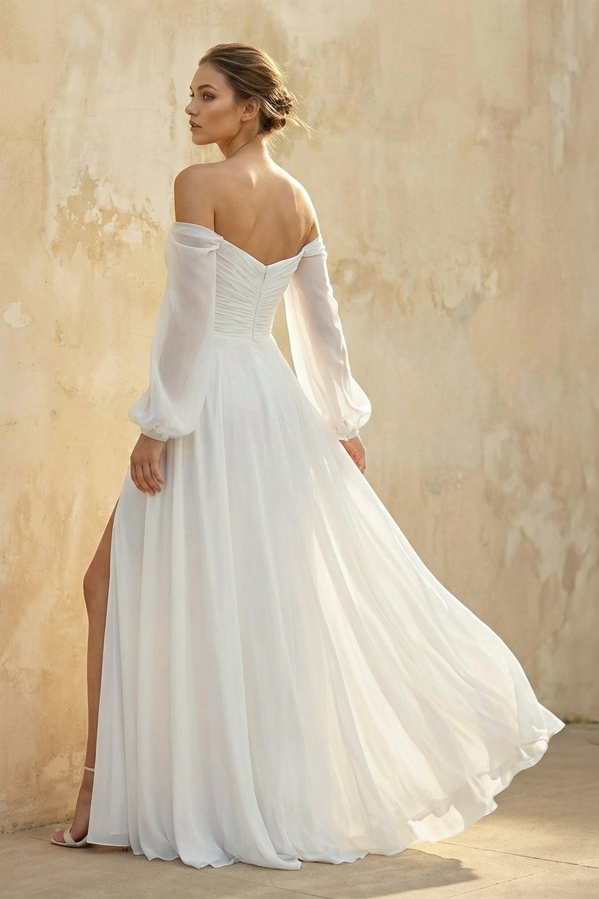 Off The Shoulder A Line Chiffon Wedding Dresses With Slit, product image 2