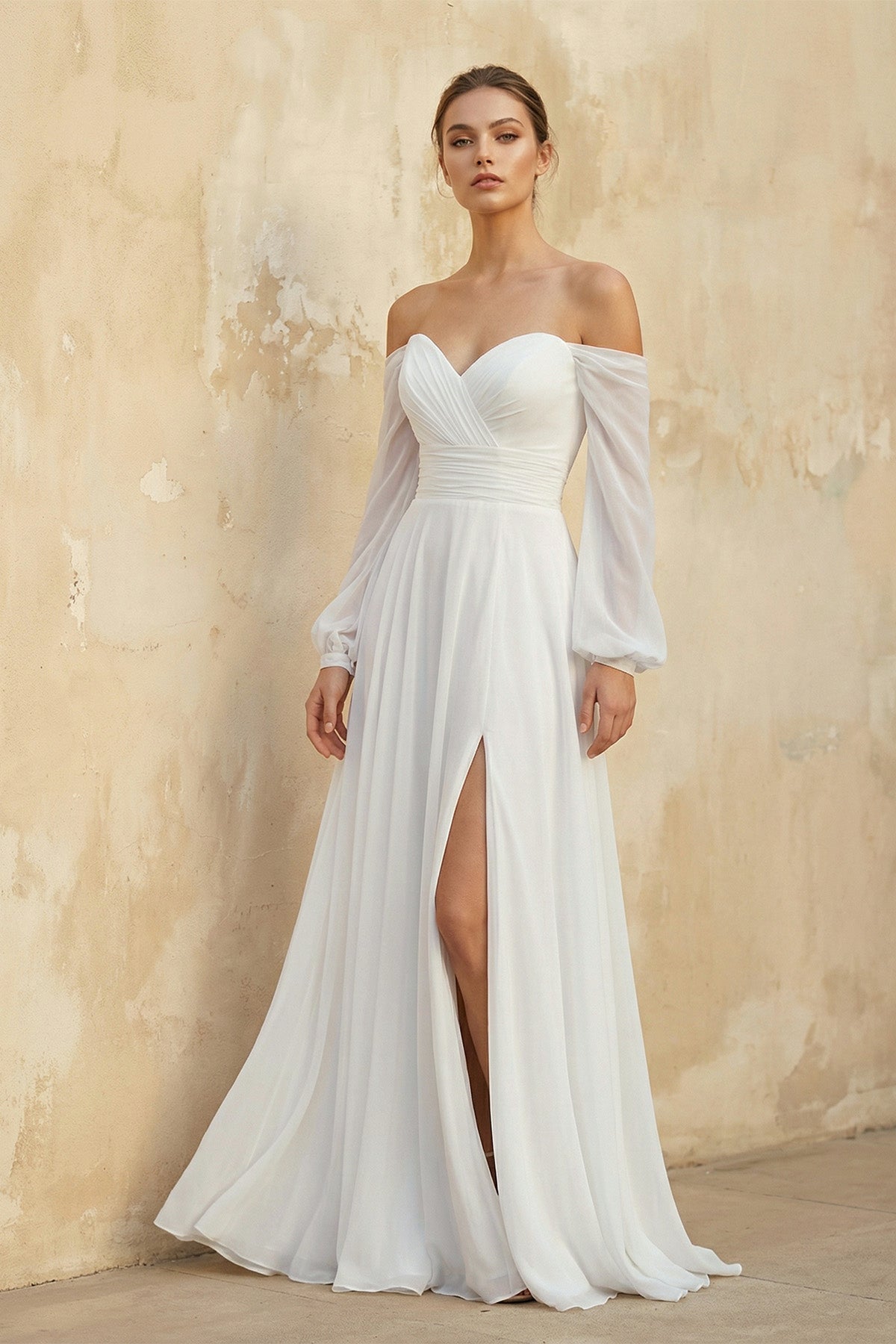 Off The Shoulder A Line Chiffon Wedding Dresses With Slit, product image 1