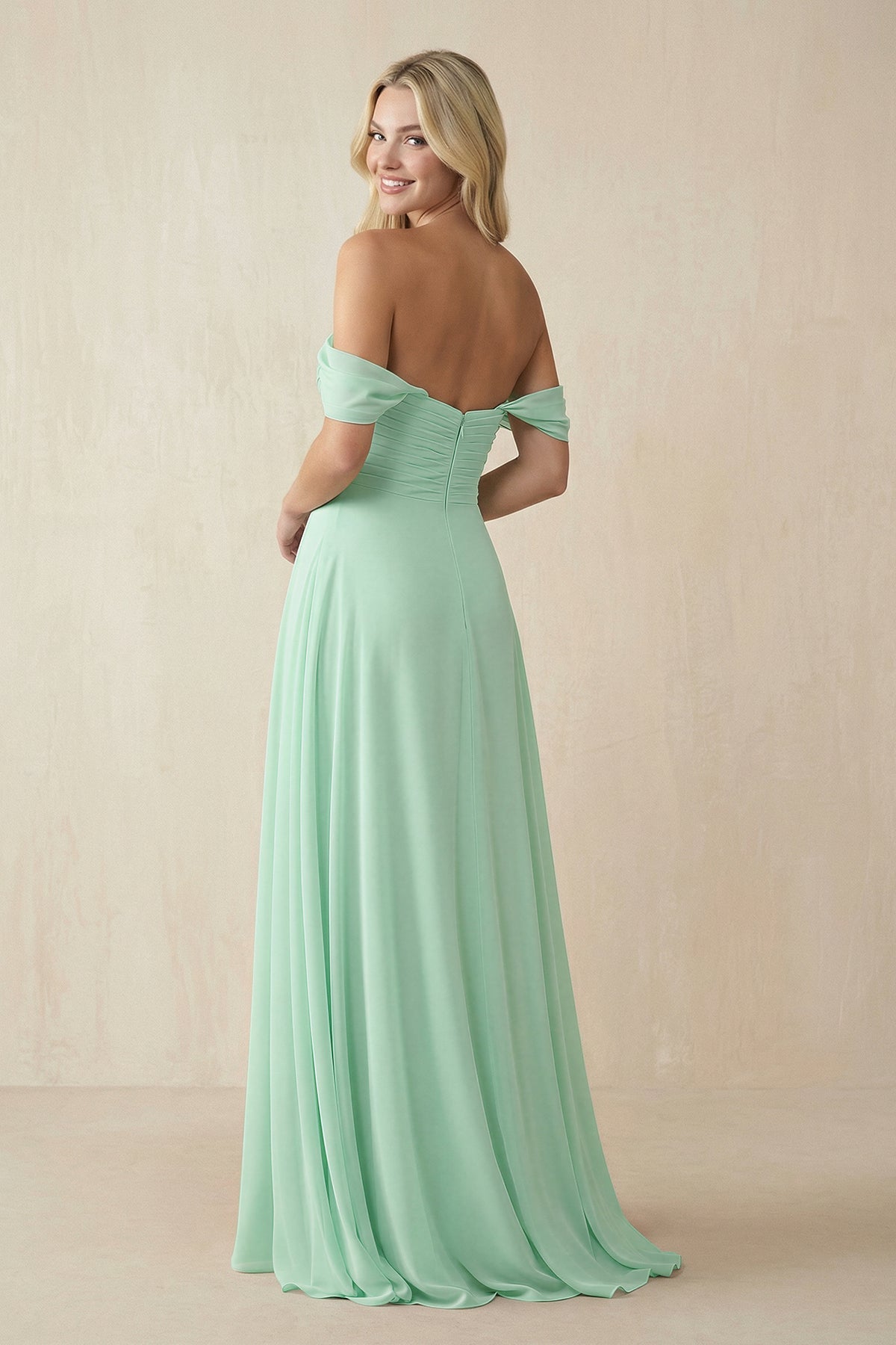 Off-the-Shoulder Chiffon A-Line Long Bridesmaid Dresses in Pale Pistachio, product image 2