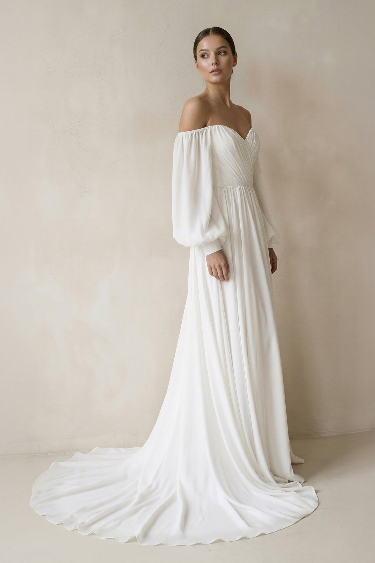 Off the Shoulder Chiffon Long-Sleeve Wedding Dresses, product image 3
