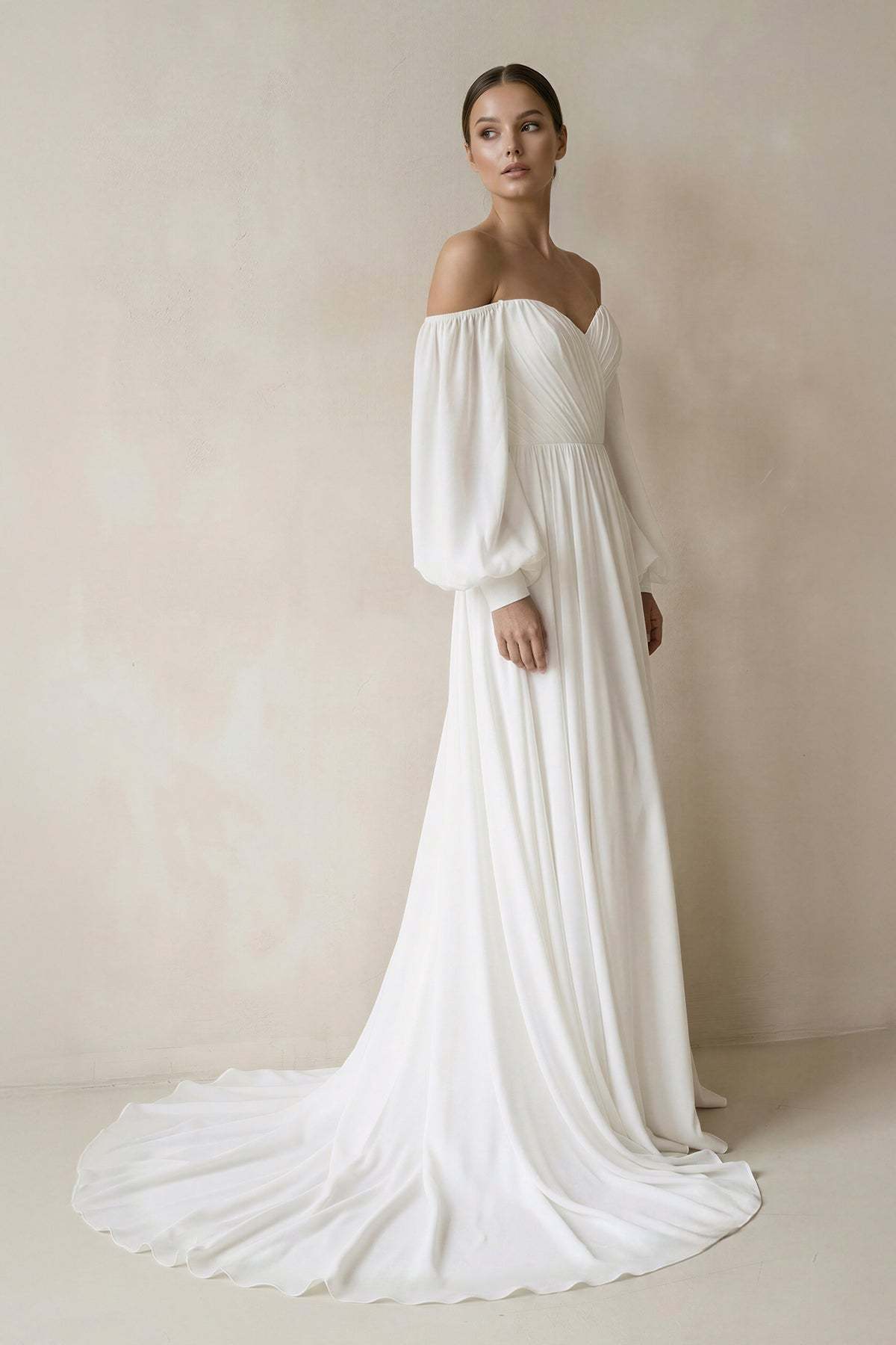 Off the Shoulder Chiffon Long-Sleeve Wedding Dresses, product image 3