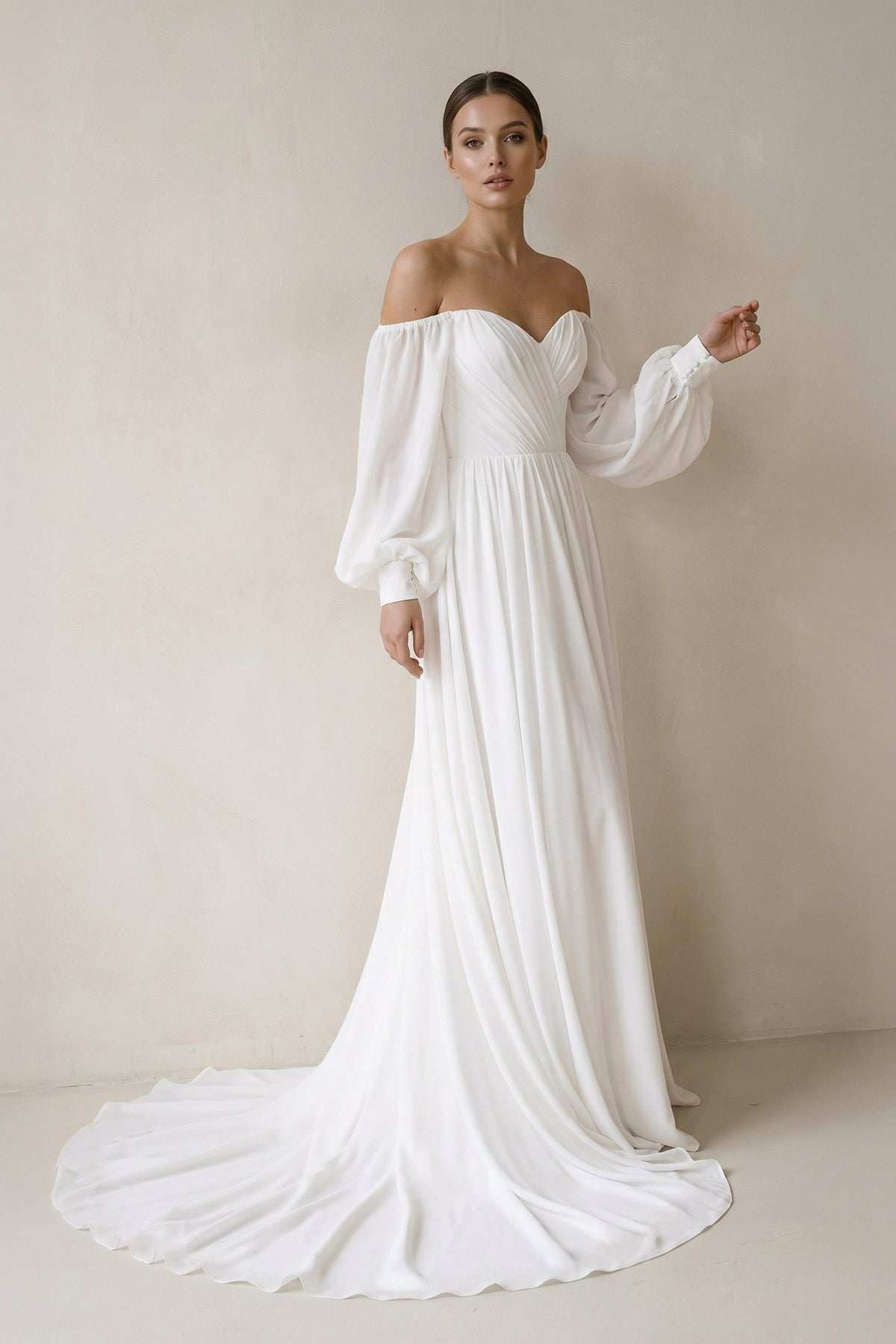 Off the Shoulder Chiffon Long-Sleeve Wedding Dresses in White, US2