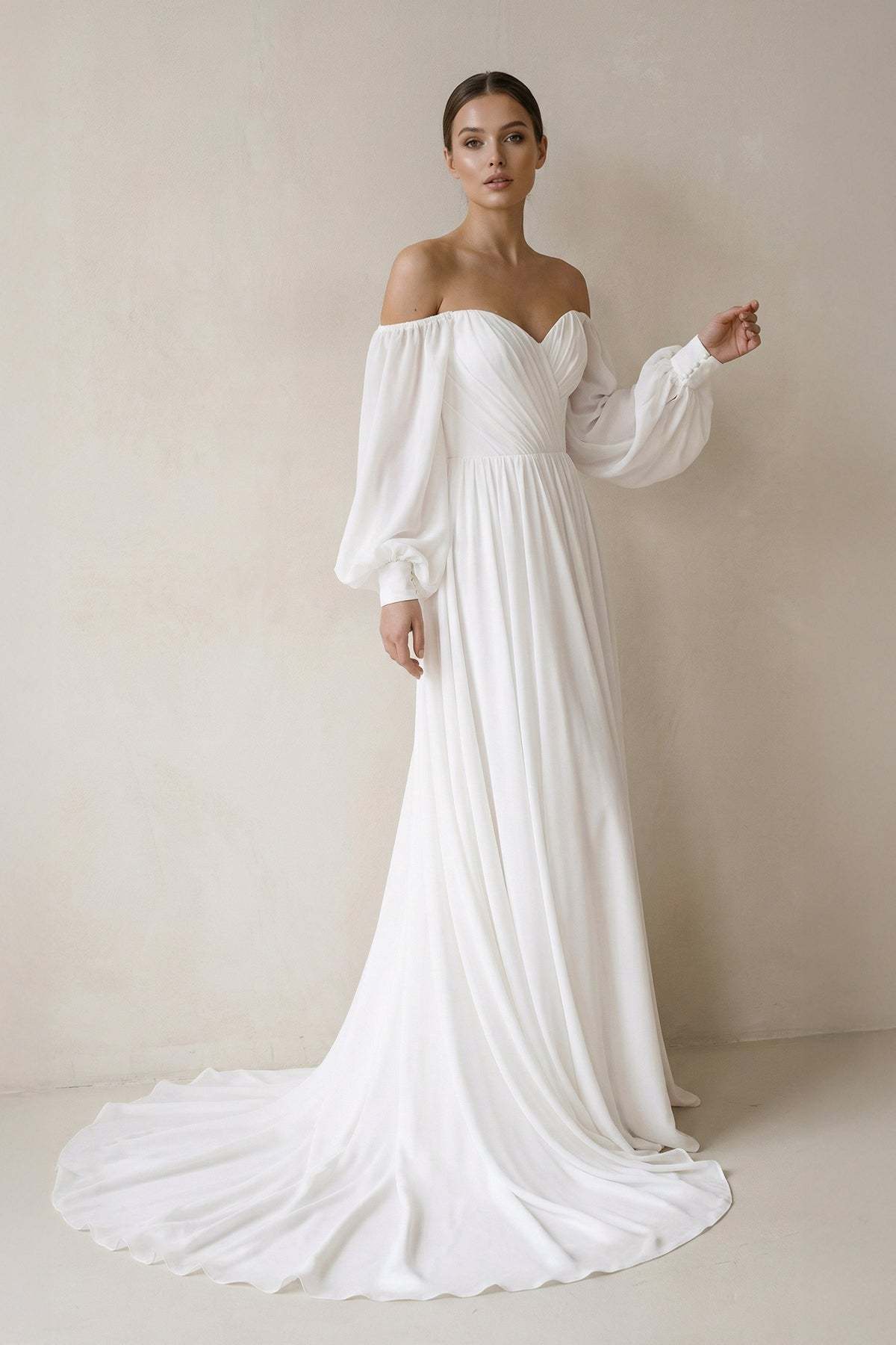 Off the Shoulder Chiffon Long-Sleeve Wedding Dresses in White, US2
