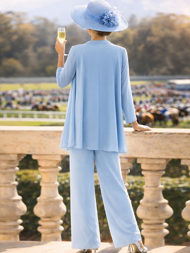 3 piece pantsuit mother of the bride dresses floor length with beading long sleeve crew neck elegant, supplier image 2