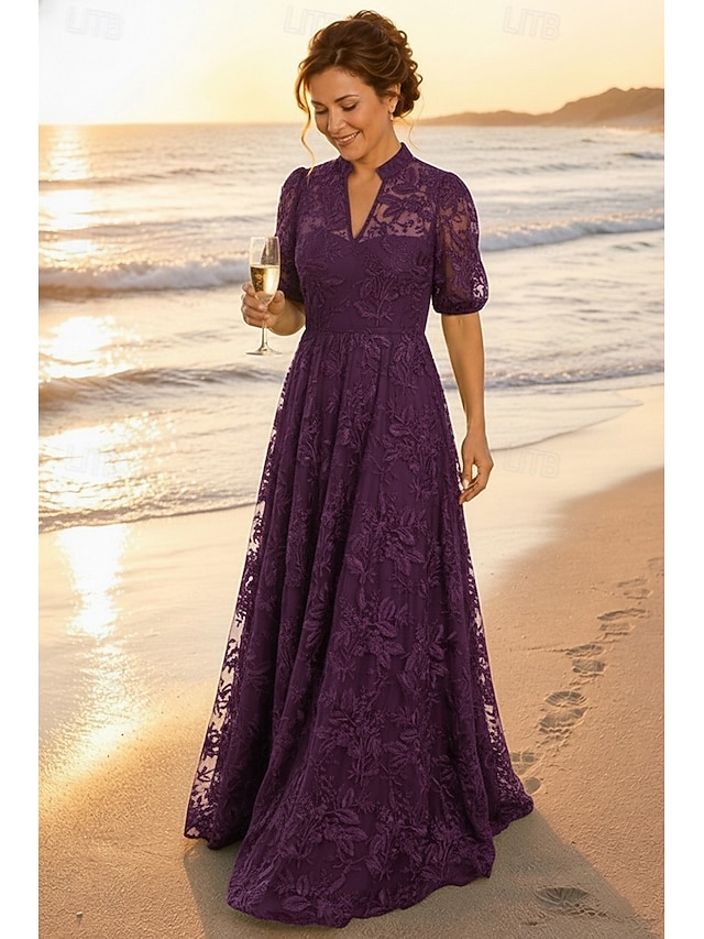 a-line mother of the bride dresses floor length lace with embroidery short sleeve high neck v neck, supplier image 7