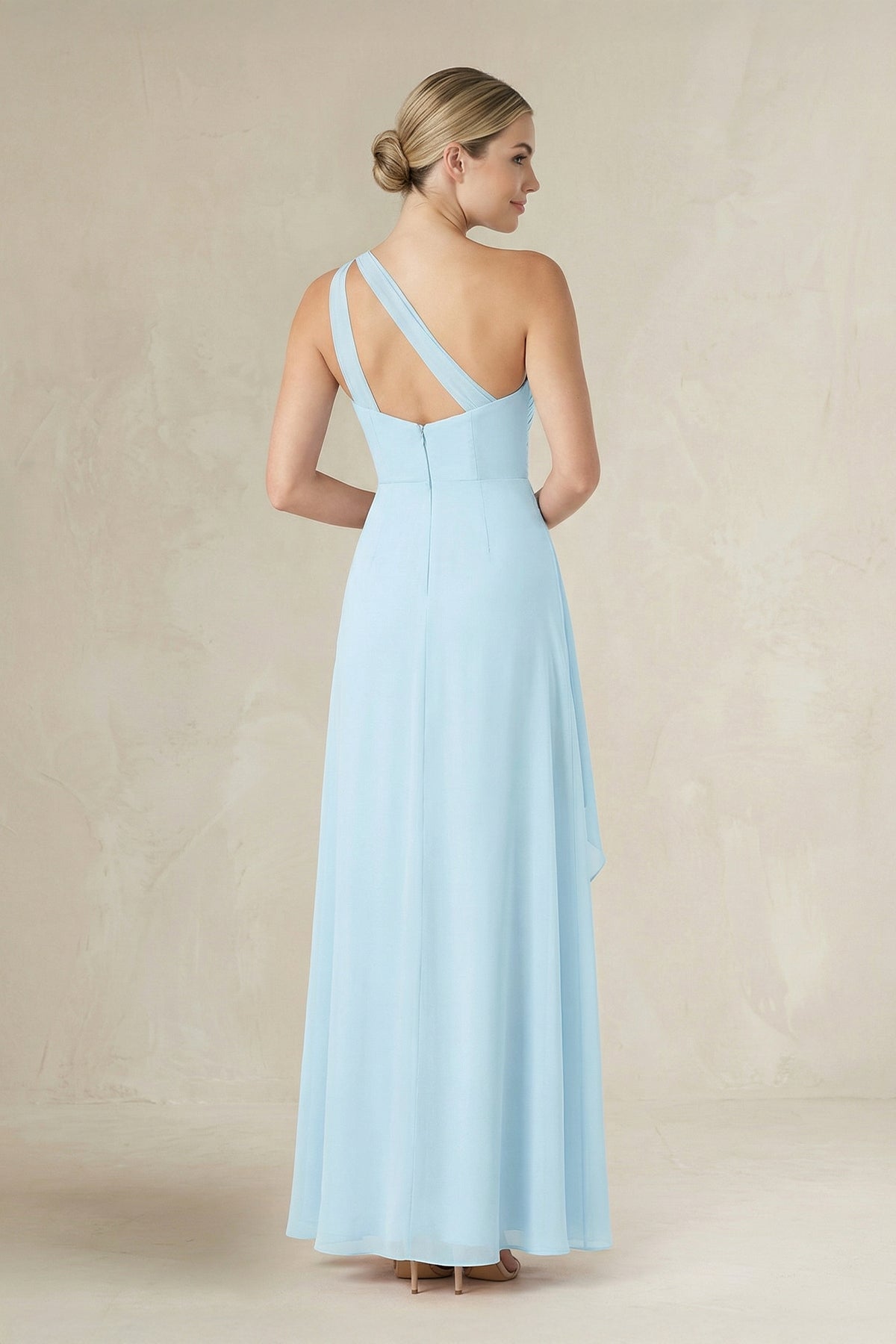 One-Shoulder Sheath Ruched Ruffled Bridesmaid Dresses in Sky Blue, product image 2