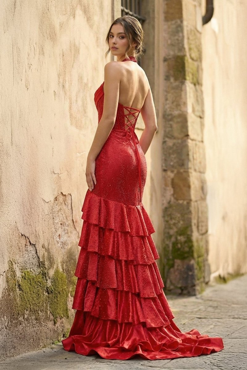 Red Halter Mermaid Satin Beaded Long Formal Prom Dresses With Ruffles, product image 2