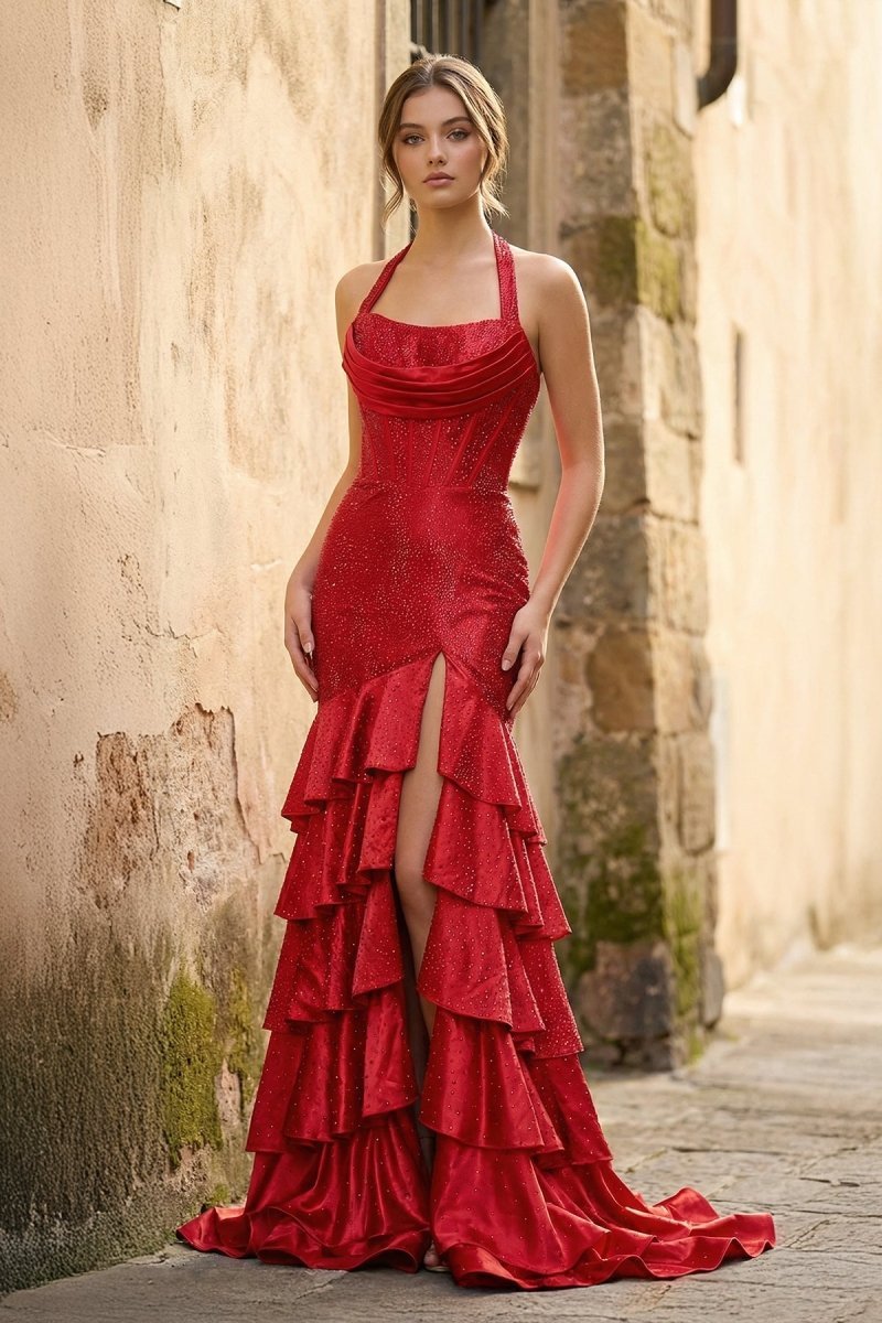 Red Halter Mermaid Satin Beaded Long Formal Prom Dresses With Ruffles, product image 1