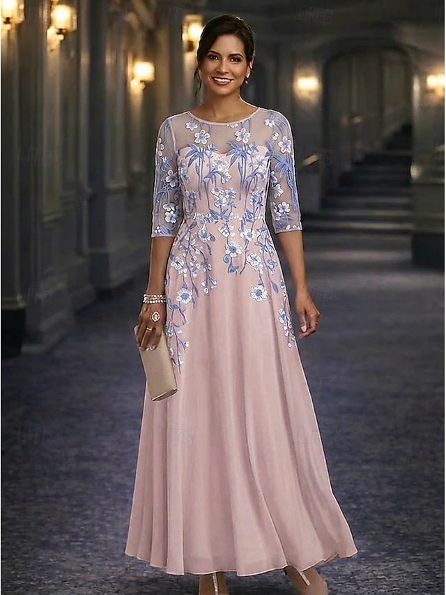 a-line mother of the bride dresses floor length chiffon lace with embroidery long sleeve crew neck, supplier image 8
