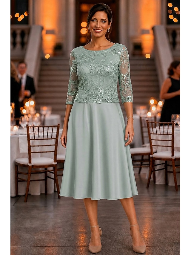 a-line mother of the bride dresses tea length satin lace 3/4 length sleeve elegant simple luxurious, supplier image 5