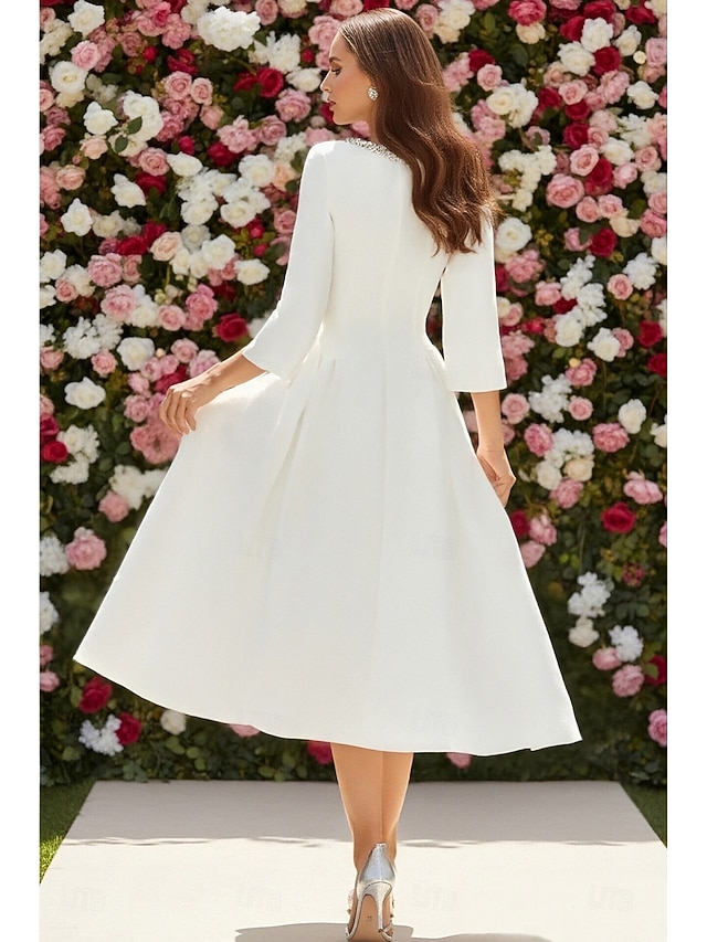 a-line tea-length little white dress wedding dress prom dress cocktail dress scoop neck 3/4 sleeves, supplier image 2
