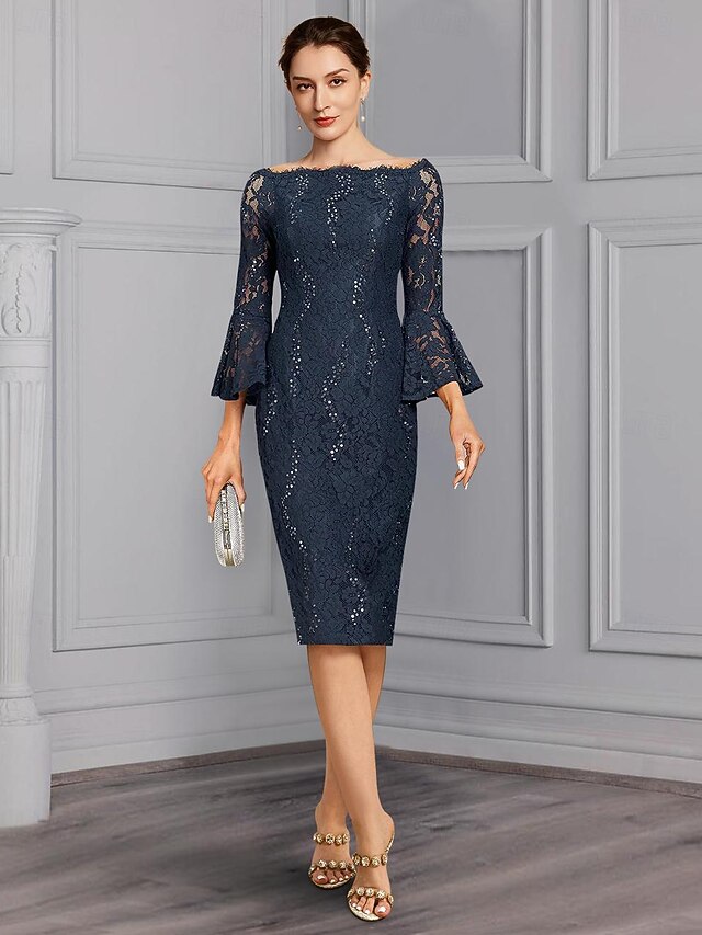 two piece sheath column knee-length mother of the bride dress wedding guest dress formal dress off-the-shoulder 3/4 sleeves chiffon lace elegant, supplier image 4