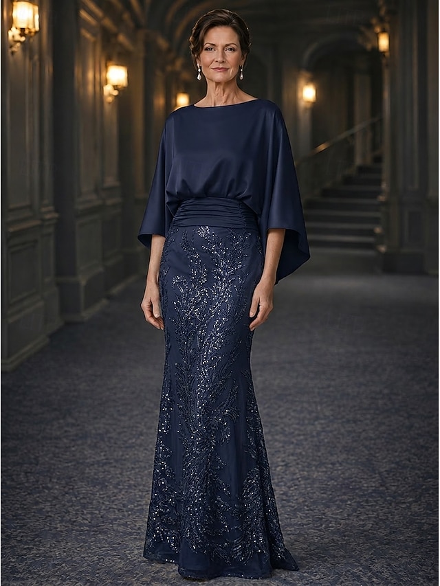 sheath column mother of the bride dresses floor length satin with pleats 3/4 length sleeve elegant, supplier image 4