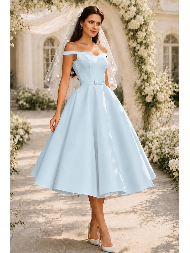a-line tea-length little white dress wedding dress wedding guest dress cocktail dress off-the-shoulder sleeveless, supplier image 10