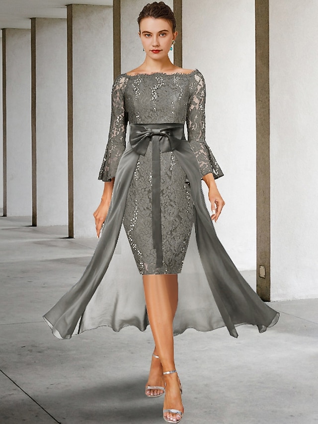 two piece sheath column knee-length mother of the bride dress wedding guest dress formal dress off-the-shoulder 3/4 sleeves chiffon lace elegant, supplier image 11