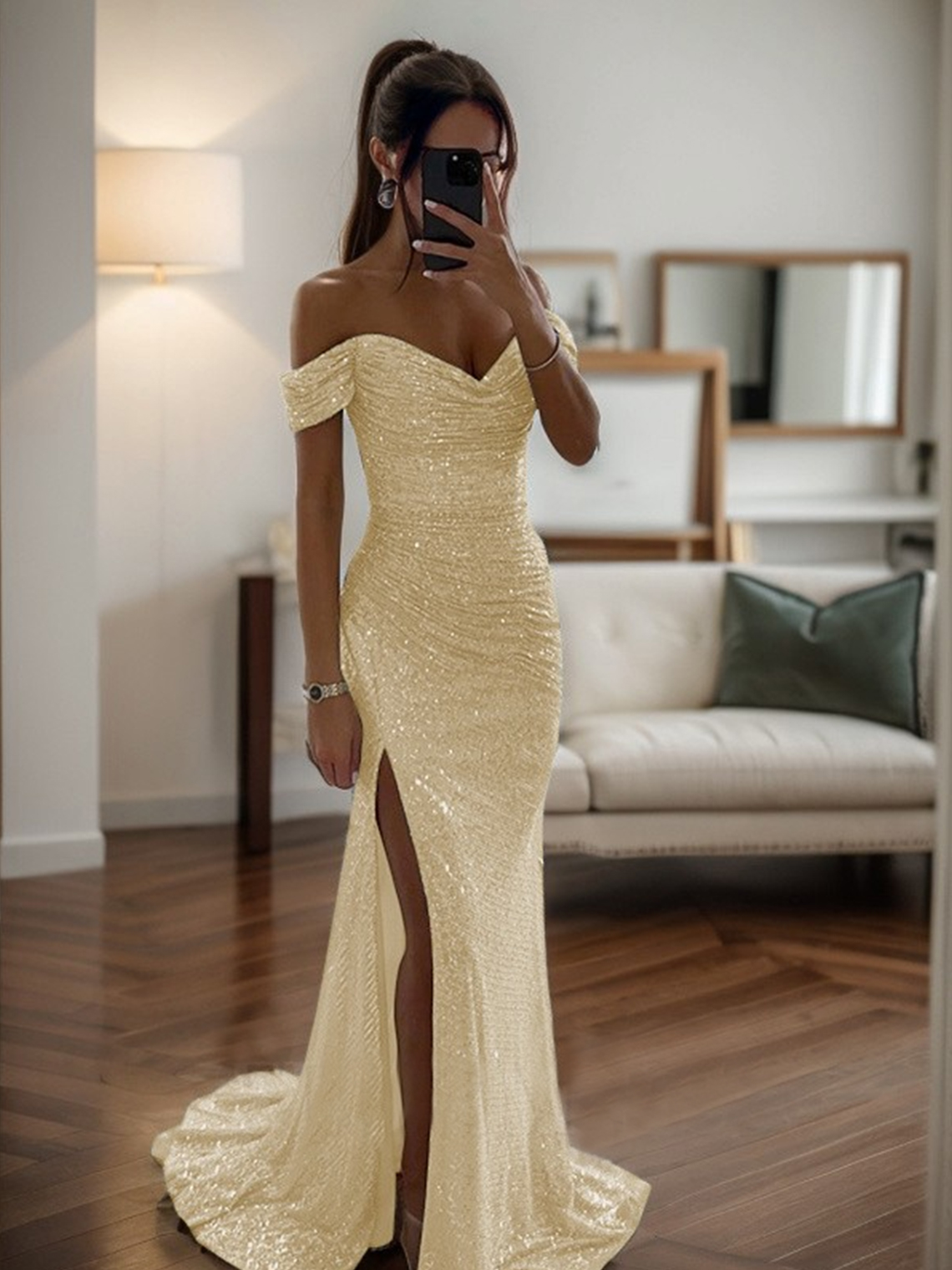 Mermaid Off-the-Shoulde Ruched Sleeveless Sweep Train Prom Dress