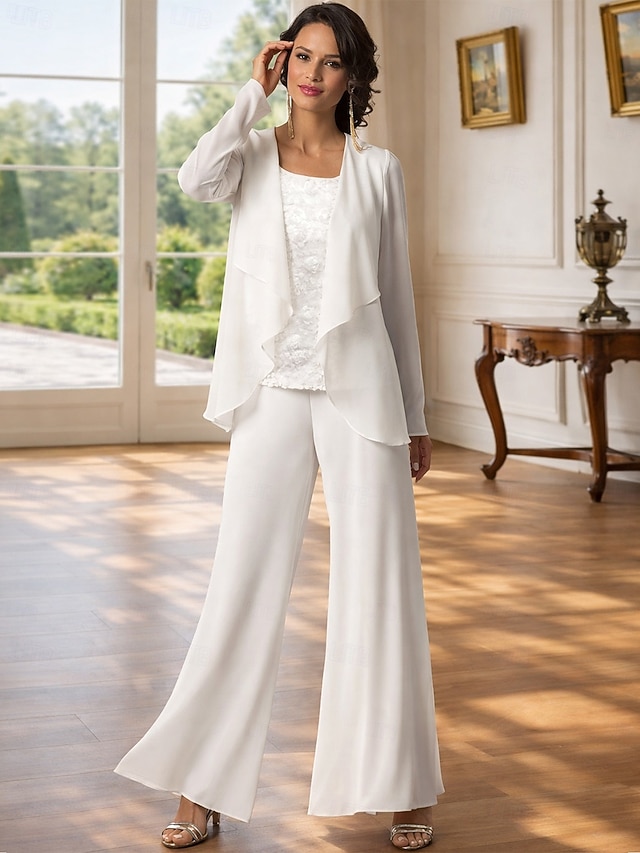 3 piece jumpsuit pantsuit jumpsuit pantsuit floor length mother of the bride dresses sleeveless bateau neck elegant plus size chiffon lace, supplier image 1