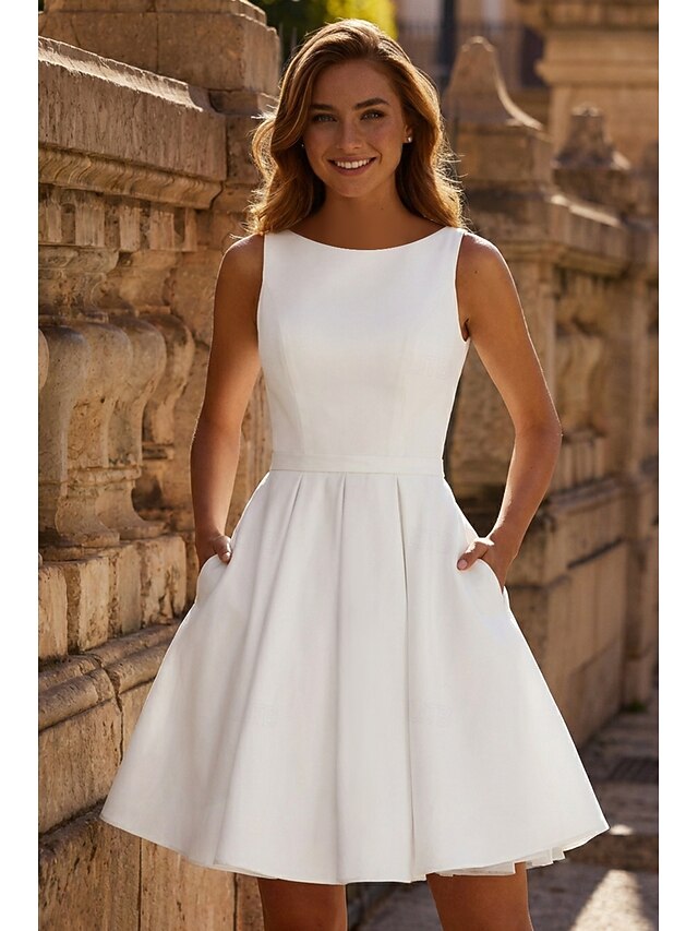 a-line wedding guest dress prom dress boat neck sleeveless satin simple, supplier image 2