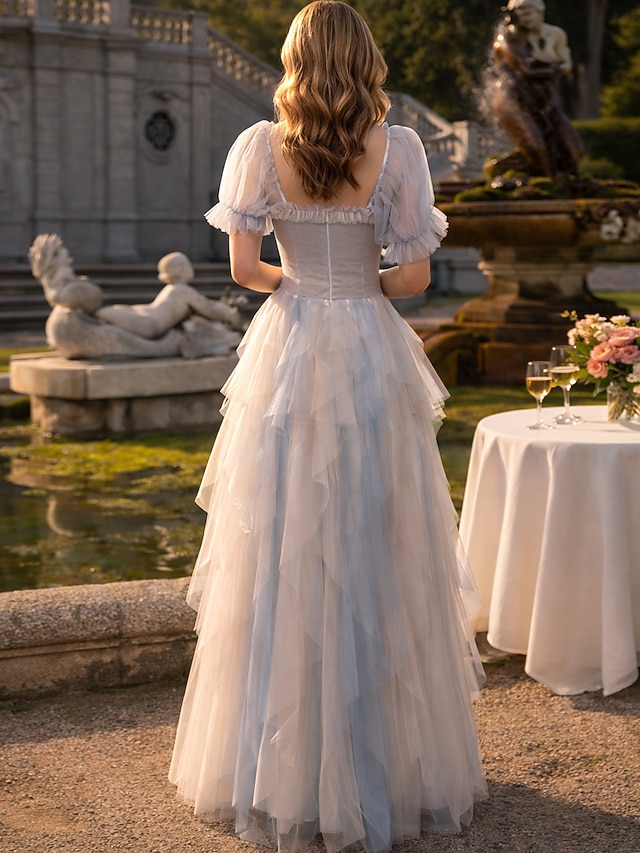 a-line floor-length wedding guest dress prom dress scoop neck half sleeves tulle, supplier image 3