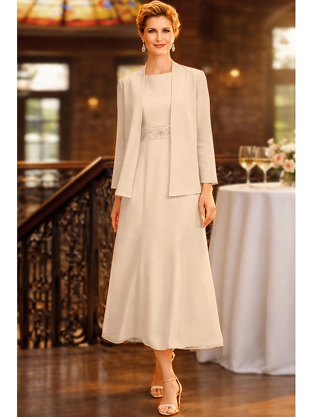two piece sheath column tea length mother of the bride dresses wedding guest dresses sleeveless jewel neck elegant plus size chiffon, supplier image 20