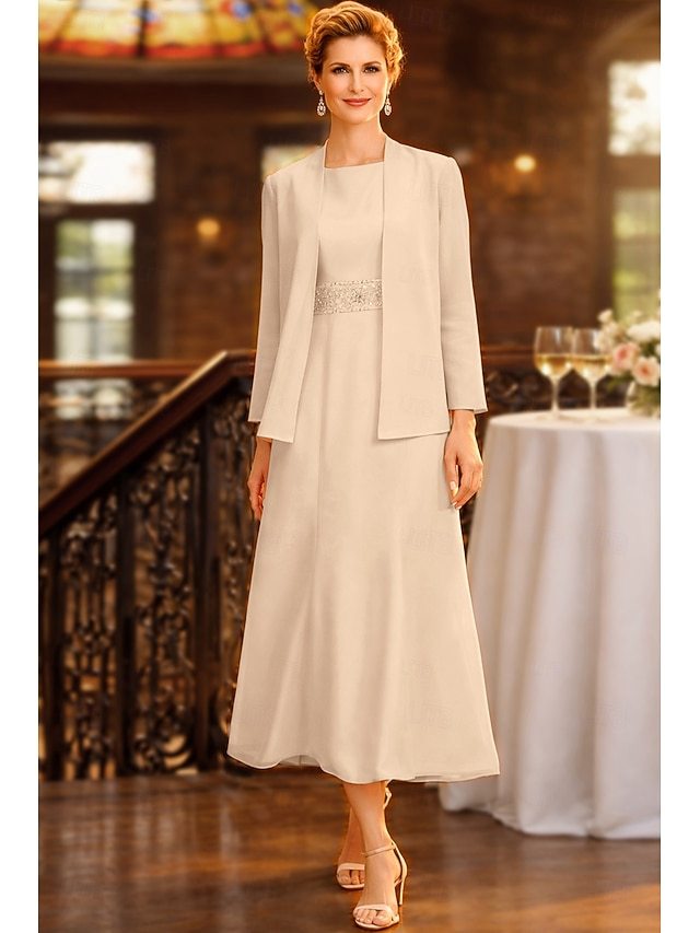 two piece sheath column tea length mother of the bride dresses wedding guest dresses sleeveless jewel neck elegant plus size chiffon, supplier image 20