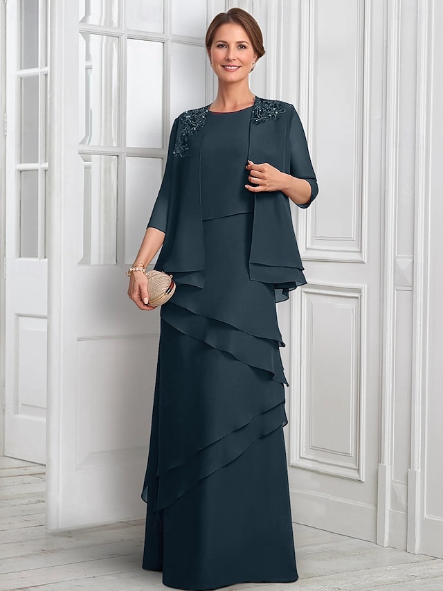 two piece a-line mother of the bride dresses wedding guest dresses floor length chiffon half sleeve in Dark Navy, US4