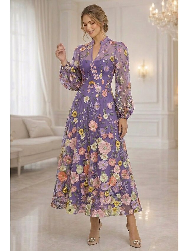 a-line ankle length mother of the bride dresses long sleeve v neck elegant vintage luxurious lace tulle with 3d flowers, supplier image 11