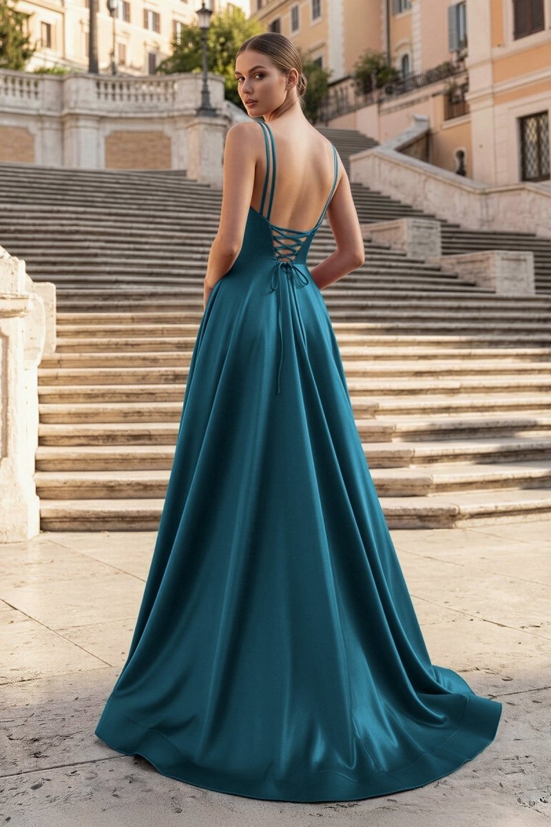 Burgundy Spaghetti Straps A Line Satin Long Prom Dresses With Slit Evening Dresses, product image 12